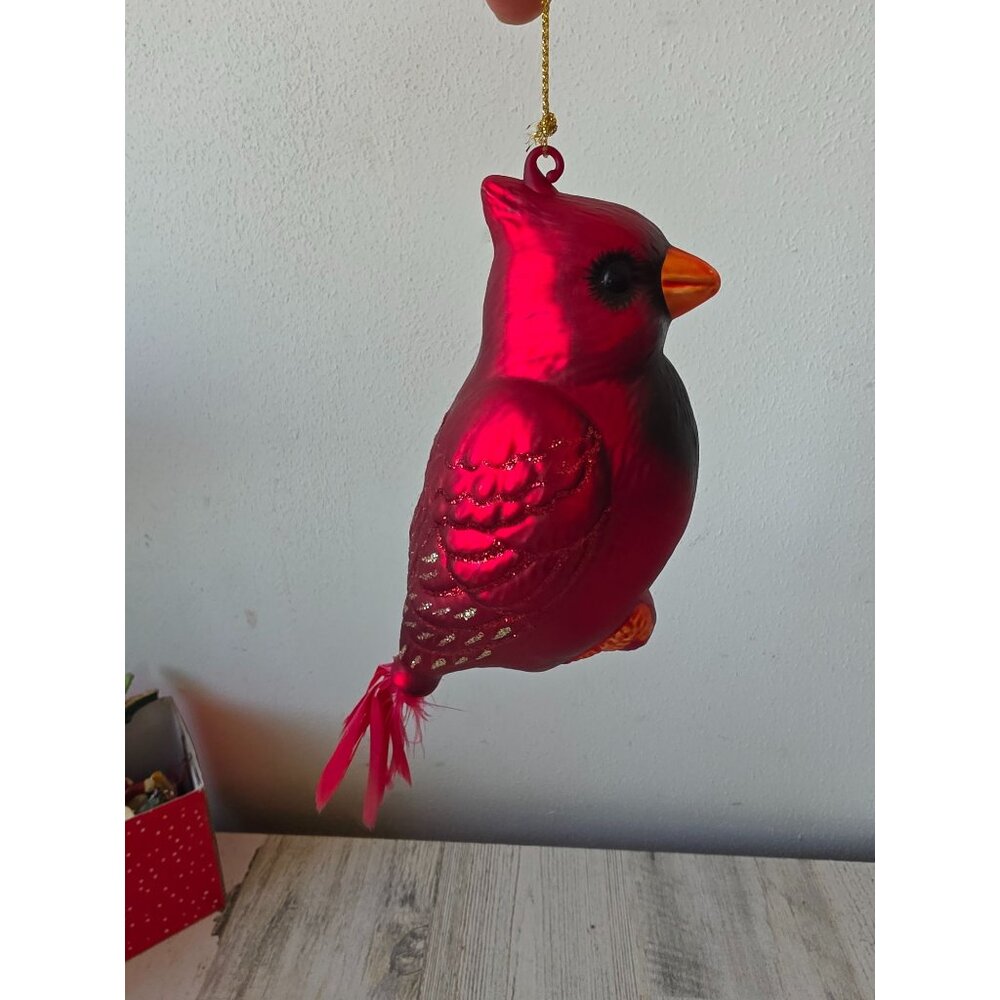 Glass red glitter cardinal feather ornament Xmas tree